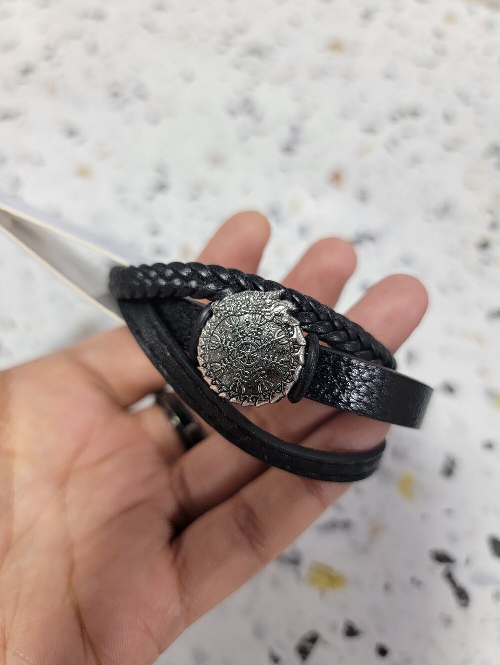 Black Leather Wrap Bracelet with Decorative Silver Medallion